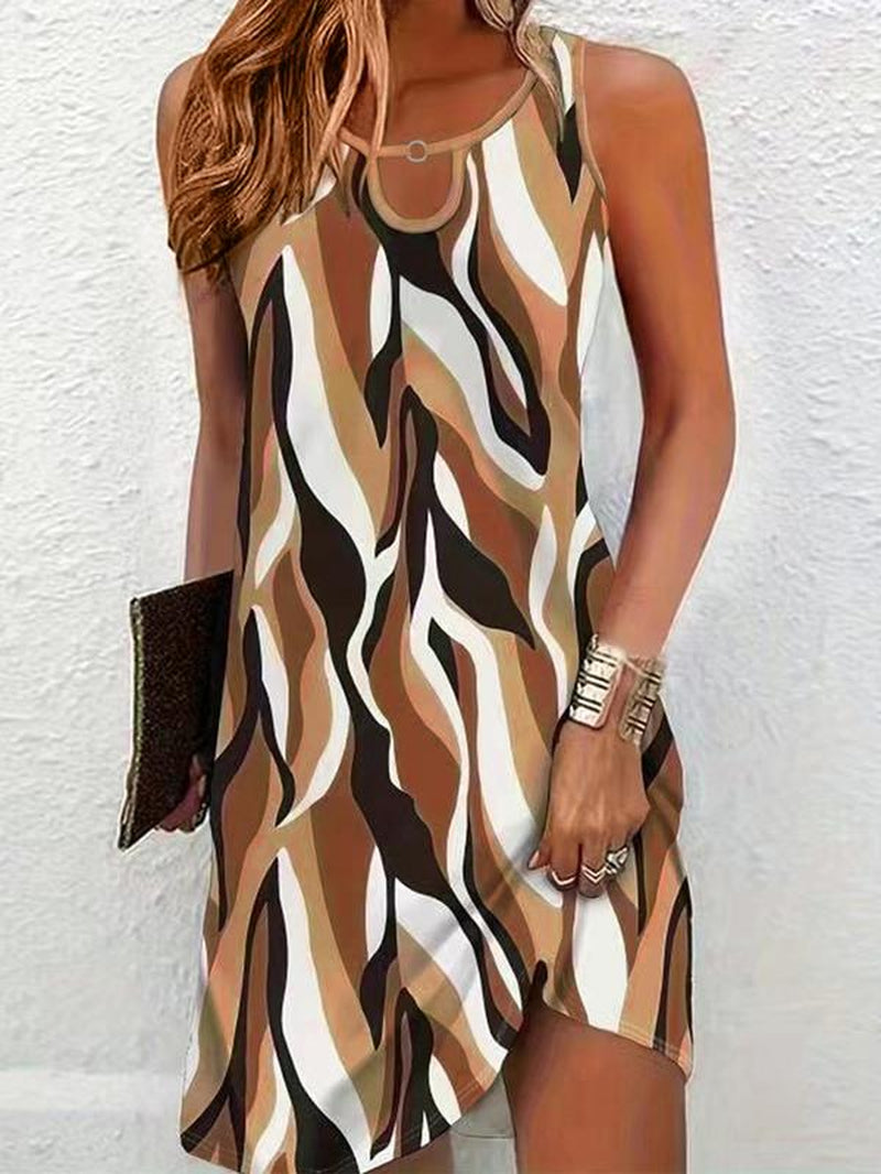 Women'S All over Print O-Ring Decor Tank Dress, Summer Clothes Women, Casual Sleeveless Notched Neck Short Dress for Summer, Summer Outfits 2024