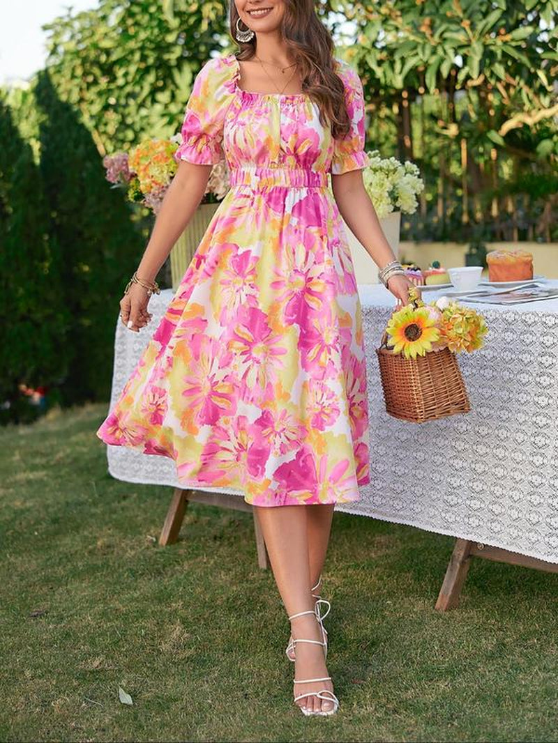 Women'S Floral Print Frill Trim Puff Sleeve Square Neck Vintage Dress, Boho Short Sleeve Midi a Line Dress for Vacation Holiday, Summer Clothes Women