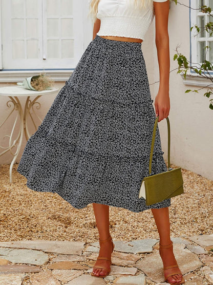 Women'S Floral Midi Skirts Elastic High Waist A-Line Swing Skirts