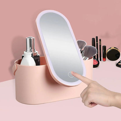 Multi-Purpose Travel Makeup Organizer Carrying Box with Mirror LED Lighted Mirror Lid for Women Travel Size Cosmetics Box